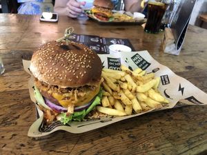 I got the Beyond Meat burger, my wife had the chicken style one. Both delicious! at Mad Mad Vegan - Chueca in Madrid