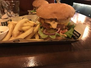 Burger from the main menu with a Beyond Meat Burger! Delicious fillings and sauces (you can upgrade the fries to sweet potato if you want) at Mad Mad Vegan - Chueca in Madrid