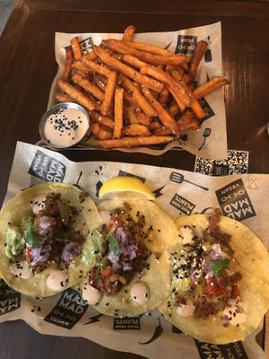 Corn tacos and sweet potato fries at Mad Mad Vegan - Chueca in Madrid