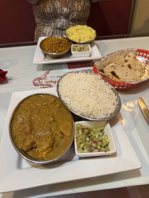 Aloo gobi, Chana masala, chapati, lemon rice   at Roopa's Kitchen in Temple