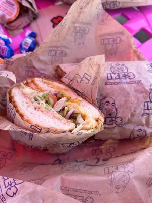 James and the giant peach vegan fried chicken Sammy on Dutch crunch roll   at Ike's in San Luis Obispo