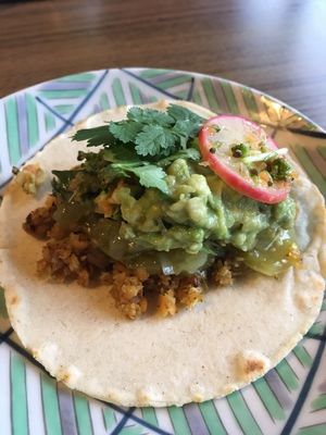 Tacos with homemade green tomato salsa  at Omeguri-an in Seiyo