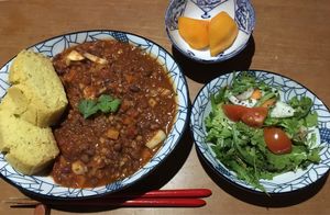 Veggie chili and cornbread  at Omeguri-an in Seiyo
