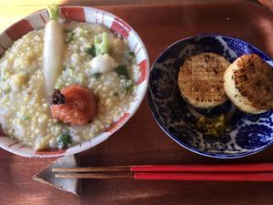 Seven herb rice porridge and radish steaks  at Omeguri-an in Seiyo