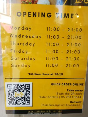 Openingstijden (juli 2020) at LaCa Vietnamese Cuisine & Bar in Groningen