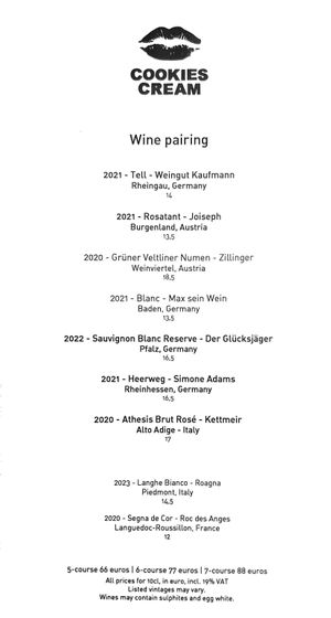 Wine pairing menu, 2024-08-28 at Cookies Cream in Berlin