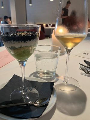 Miso cucumber (with seaweed caviar) and NA pairing (white peach, fennel, and grapefruit beverage) at Cookies Cream in Berlin