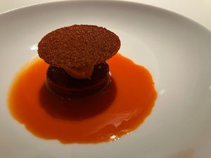 Red bell pepper bonanza with jalapeño and capers sauce: the bell pepper sorbet under the crunchy bell pepper chip was stellar! at Cookies Cream in Berlin