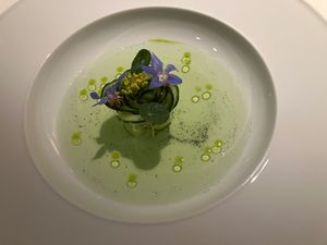 Cucumber rose with broccoli broth and verbena oil at Cookies Cream in Berlin