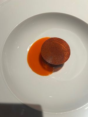 This was my least favorite dish but I don’t really care for cooked red pepper.  It was still stunning and creative just not for me. at Cookies Cream in Berlin