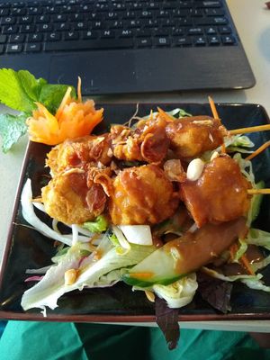 Faux chicken skewer appetizer. at Tiato in Berlin