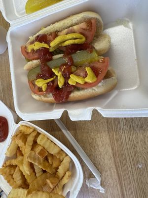 two vegan chicago dogs and creole fries   at Jordan's Girls Gourmet Dawgs in Columbus