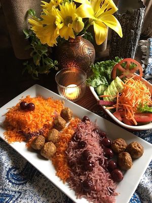 Famous Persian sour cherry rice and meatballs  at Pythagoras Conscious Food Philosophy in Houston
