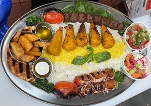 Prince Of Persia
Feast like a vegan prince of Persia. includes all Kabob dishes in one big tray with side of Shirazi salad, side of house made pickled veggies, side of French frie at Pythagoras Conscious Food Philosophy in Houston