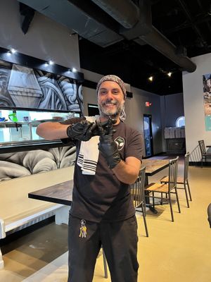 Chef Roozi VEGAN GANG SIGN! REPRESENT!  at Pythagoras Conscious Food Philosophy in Houston