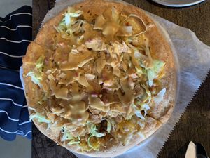 Mexican taco pizza, minus tomatoes and onions  at Pythagoras Conscious Food Philosophy in Houston