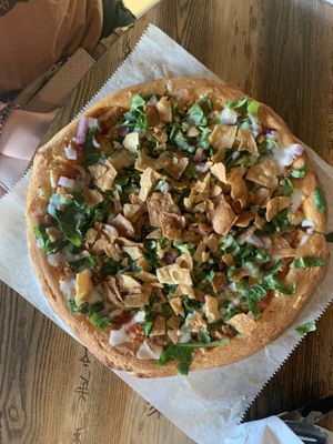 Taco pizza - minus tomatoes   at Pythagoras Conscious Food Philosophy in Houston