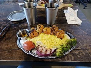 Saffron chick with jasmine rice at Pythagoras Conscious Food Philosophy in Houston