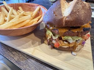 Falafel burger with fries  at Pythagoras Conscious Food Philosophy in Houston