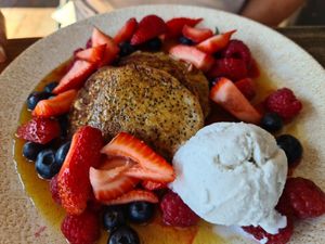 Lemon poppyseed pancakes at motherduck in Goolwa