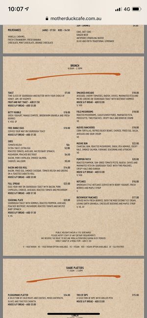 Breakfast menu  at motherduck in Goolwa