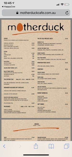 Drinks menu  at motherduck in Goolwa