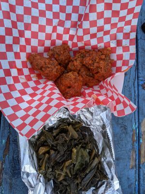 Lemon Pepper Chicon and Three Greens side  at Sassy's Vegetarian Soul Food in Austin