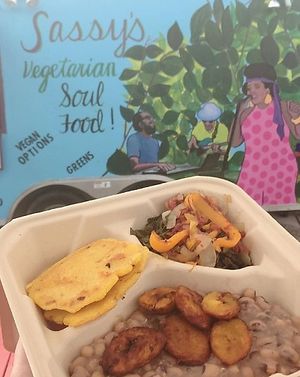 NYE SPECIAL Blackeyed Peas with Plantains and greens and Hotwater cornbread. at Sassy's Vegetarian Soul Food in Austin