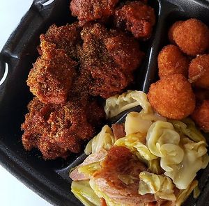 Hot Lemon Pepper Chicon, Cabbage and Hot Water cornbread at Sassy's Vegetarian Soul Food in Austin