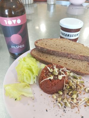 Starter - Entrante

SOBRASSADA with sliced bread & sprouted soja beans.

and a Local Craft Beer. at Ecoconscient in Vilanova I La Geltru