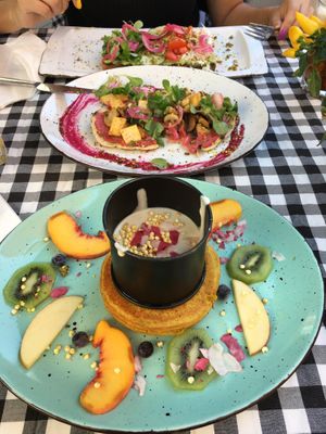 Vegan pancakes with vanila, protein brekki and avocado toast 👌 at Kat's Kitchen Brunch Club in Split