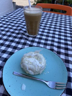 iced coffee with oat milk, white chocolate spelt donut - and also had a blueberry banana smoothie not pictured at Kat's Kitchen Brunch Club in Split