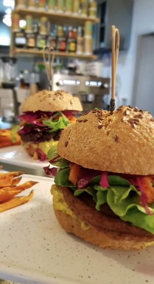 Superfood burger ... Homemade buns with quinoa+red bean+beets pattie, mango mayo, roasted beet ketchup and fermented carrots at Kat's Kitchen Brunch Club in Split