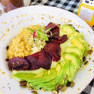 Lunch of the day with millet, red lentils, smashed potatoes with zucchini and avocado on top!💗 at Kat's Kitchen Brunch Club in Split