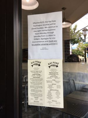 Menu and hours  at Kai Poke in Huntington