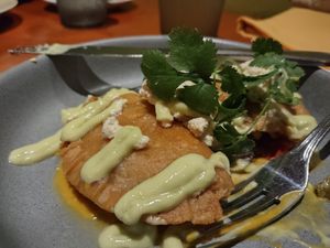 Vegan Black Bean Empanadas with Tofu Feta and Avocado Lime Crema at Luna Red in San Luis Obispo
