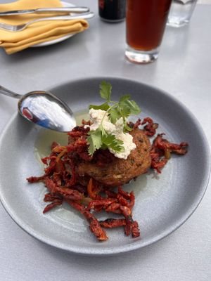 Tofu cheese- potato zucchini fritter   at Luna Red in San Luis Obispo