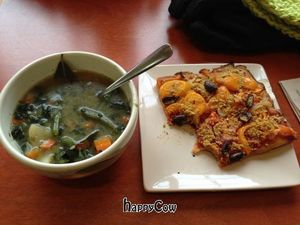 Miso veggie soup and vegan pizza! at Alpine Bakery in Whitehorse