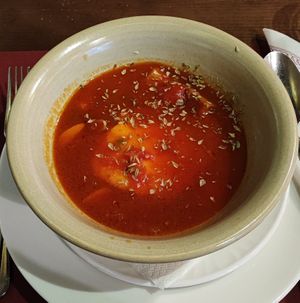 Sopa de tomate com ovo escalfado at Adega Regional in Elvas