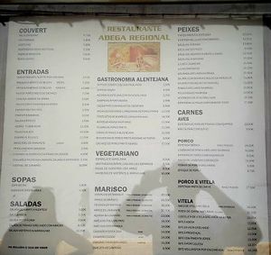Menu with vegetarian and vegan options at Adega Regional in Elvas