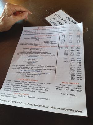 Menu at Drunken Monkey Coffee Bar in Orlando