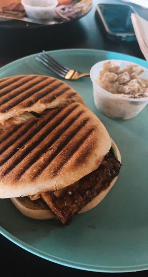 korea town sandwich w potato salad  at Drunken Monkey Coffee Bar in Orlando