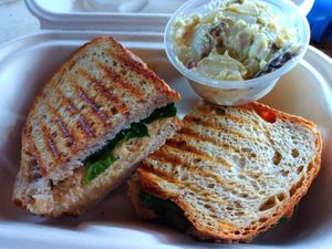 Vegan tuna panini (made of chickpeas). Comes with potato salad. at Drunken Monkey Coffee Bar in Orlando