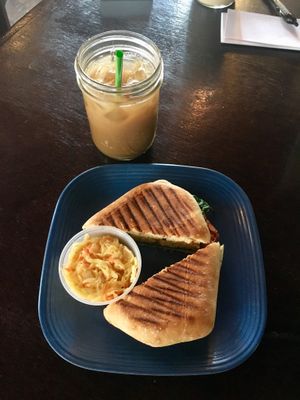 Panini and iced coffee at Drunken Monkey Coffee Bar in Orlando