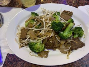 Pad See Yew with soy beef. Tons of noodles underneath the sprouts   at Vegan Thyme in Newbury Park