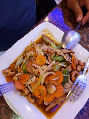 Cashew dish with soy chicken at Vegan Thyme in Newbury Park