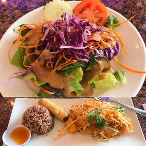 This is the lunch combo: peanut dressing salad, brown rice, fried spring rolls, and tofu pad Thai!  at Vegan Thyme in Newbury Park