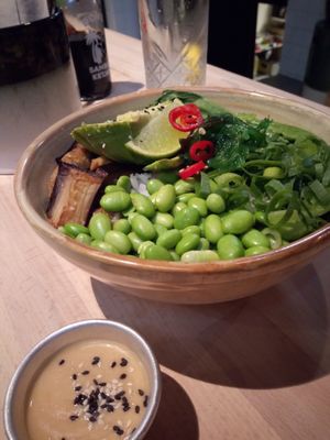 Bowl with tofu, avocado, eggplant and more. at Don's Noodle Shop in Tilburg