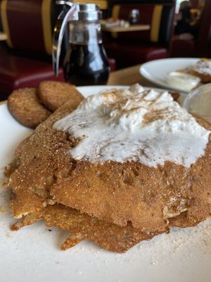 Vegan Cinnamon Roll Pancakes.  Whole Wheat Pancakes with Sweet Cinnamon Swirl topped with Dairy-Free Glaze added vegan sausage and vegan whipped cream  at Colony Diner in Wallingford
