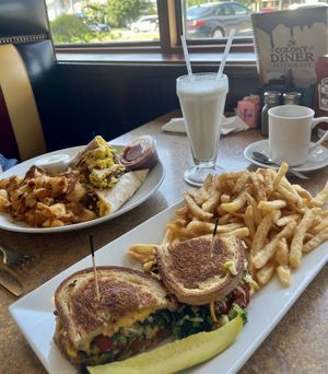vegan breakfast quesadilla, vegan reuben, and vegan milkshake (plus coffee)  at Colony Diner in Wallingford